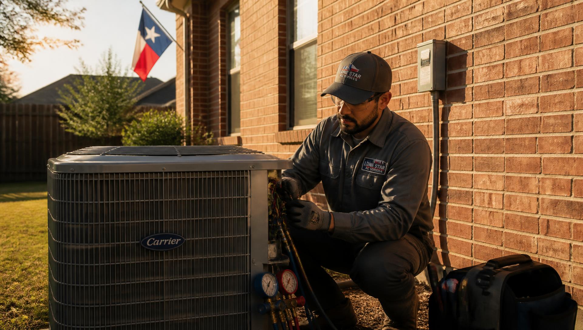 North Texas HVAC technician repairing an outdoor AC condenser unit at a McKinney, Collin County home