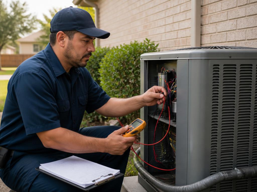 Crow Climate Control technician performing a seasonal AC tune-up inspection at a North Texas home